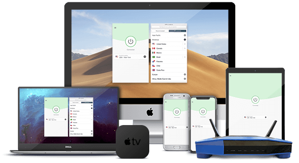 ExpressVPN on laptop, desktop, router, Android, iPhone, iPad, and Apple TV.