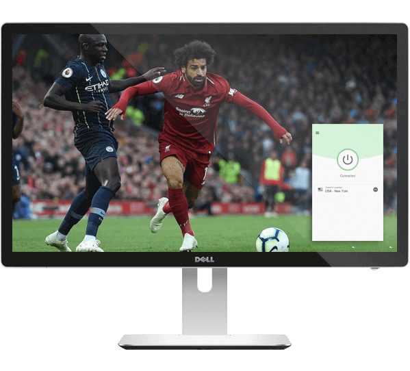 Écran d'ordinateur avec un match de football en streaming sur beIN Sports et l'appli ExpressVPN.