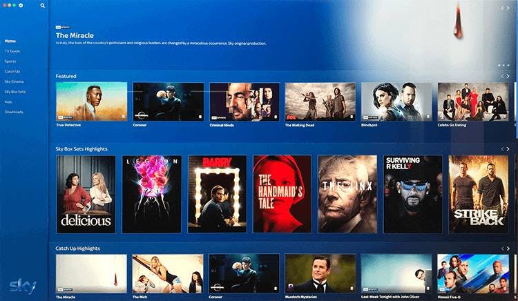 Главный экран приложения Sky Go для настольных устройств