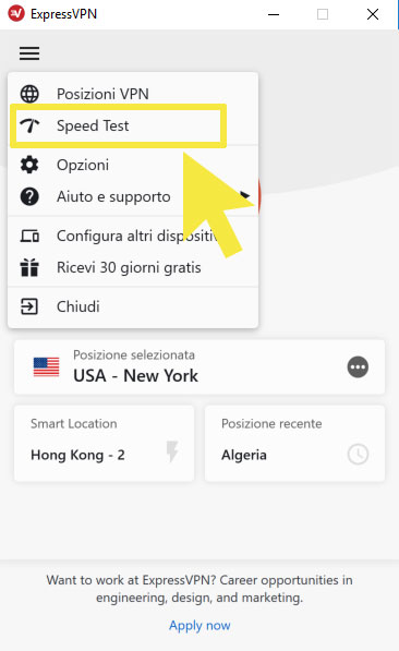 Puntatore che seleziona Speed Test sull'interfaccia di ExpressVPN.