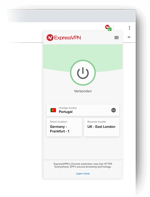 De beste VPN browserextensie voor Chrome: Close-up van de ExpressVPN browser add-on die toont dat de VPN verbonden is.