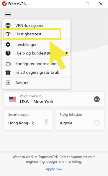 Velg hastighetstest på ExpressVPNs brukergrensesnitt.