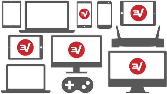 ใช้ได้หลายอุปกรณ์ถึงห้าเครื่องซึ่งแสดงโลโก้ ExpressVPN