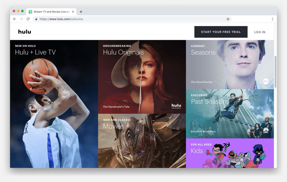 Главная страница Hulu с превью различных сериалов.