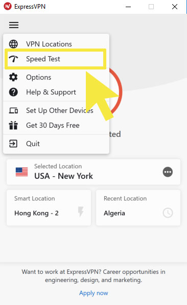 Vælg hastighedstest på ExpressVPN brugerfladen.