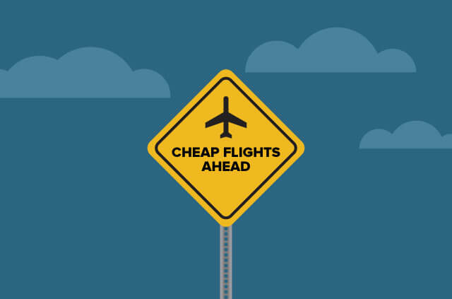 An illustration of a "planes overhead" warning sign but with the text "Cheap flights ahead" written on it instead.