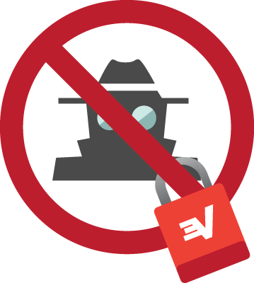 Seguridad VPN: un espía dentro de un círculo tachado con un candado de ExpressVPN.
