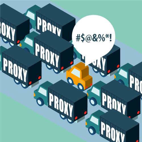 Kuljettaja kiroilemassa ruuhkaisella moottoritiellä "Proxy"-rekkojen ympäröimänä.