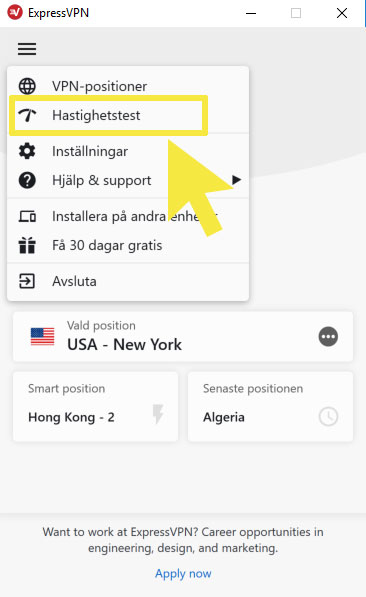 Väljer hastighetstest i ExpressVPN-gränssnittet.