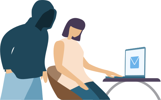 A snoop looking over the shoulder of a laptop user.