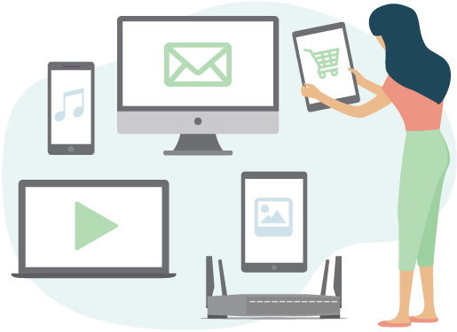 Someone using a desktop, laptop, phone, tablets, and router.