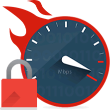 Superveilig en supersnel: een VPN padlock naast een brandende snelheidsmeter.